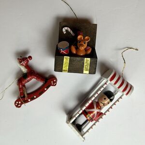 VTG 80s Wooden Christmas Ornament Lot-  3pc Ensco Toy Chest & Toys, 2569